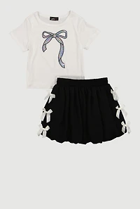 Girls Bow Graphic Tee and Side Bubble Skort