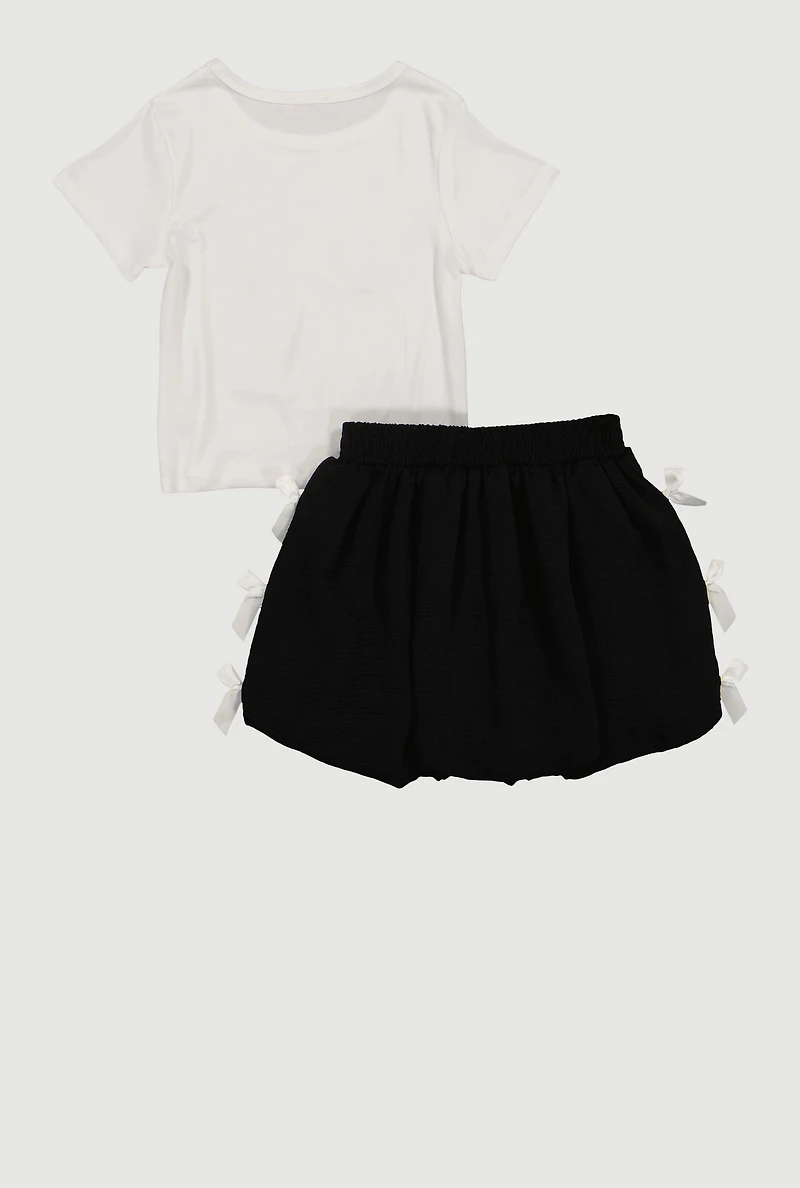 Girls Bow Graphic Tee and Side Bubble Skort