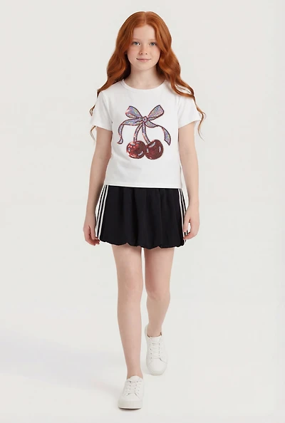 Girls Rhinestone Cherry Graphic Tee and Bubble Hem Skort