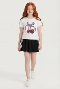 Girls Rhinestone Cherry Graphic Tee and Bubble Hem Skort
