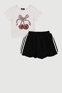 Girls Rhinestone Cherry Graphic Tee and Bubble Hem Skort