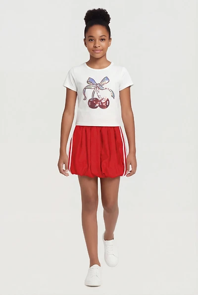 Girls Rhinestone Cherry Graphic Tee and Bubble Hem Skort