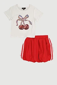 Girls Rhinestone Cherry Graphic Tee and Bubble Hem Skort