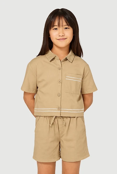 Girls Sequin Trim Button Front Shirt and Shorts, Beige, Size 10-12