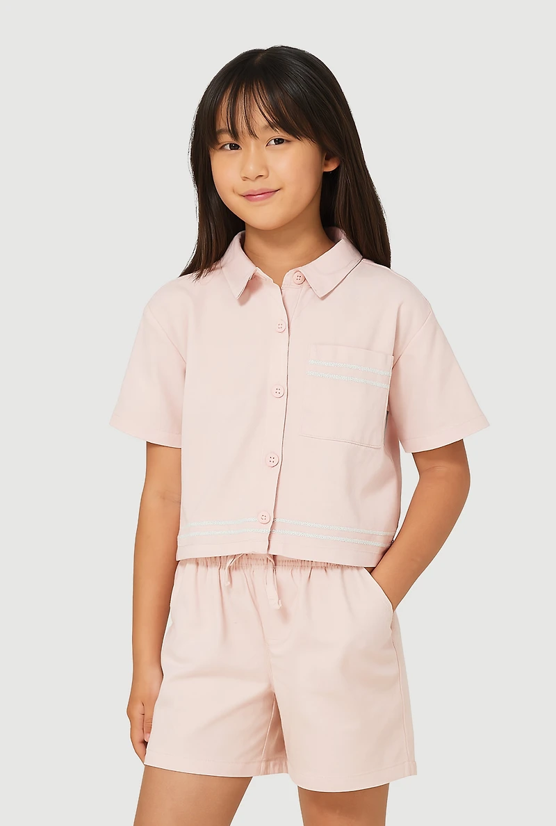 Girls Sequin Trim Button Front Shirt and Shorts, Pink, Size 10-12