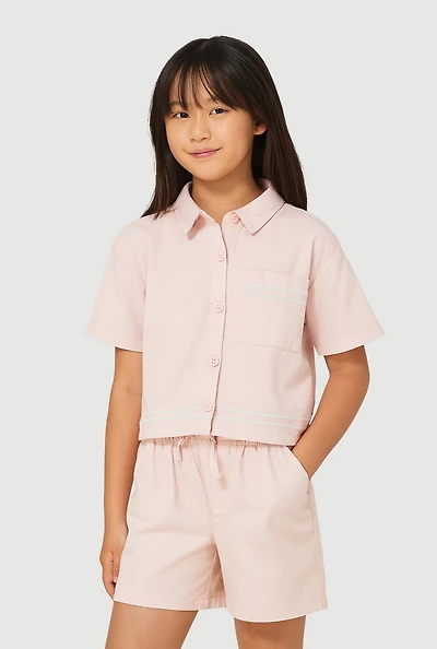 Girls Sequin Trim Button Front Shirt and Shorts, Pink, Size 10-12