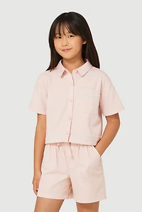 Girls Sequin Trim Button Front Shirt and Shorts, Pink, Size 10-12