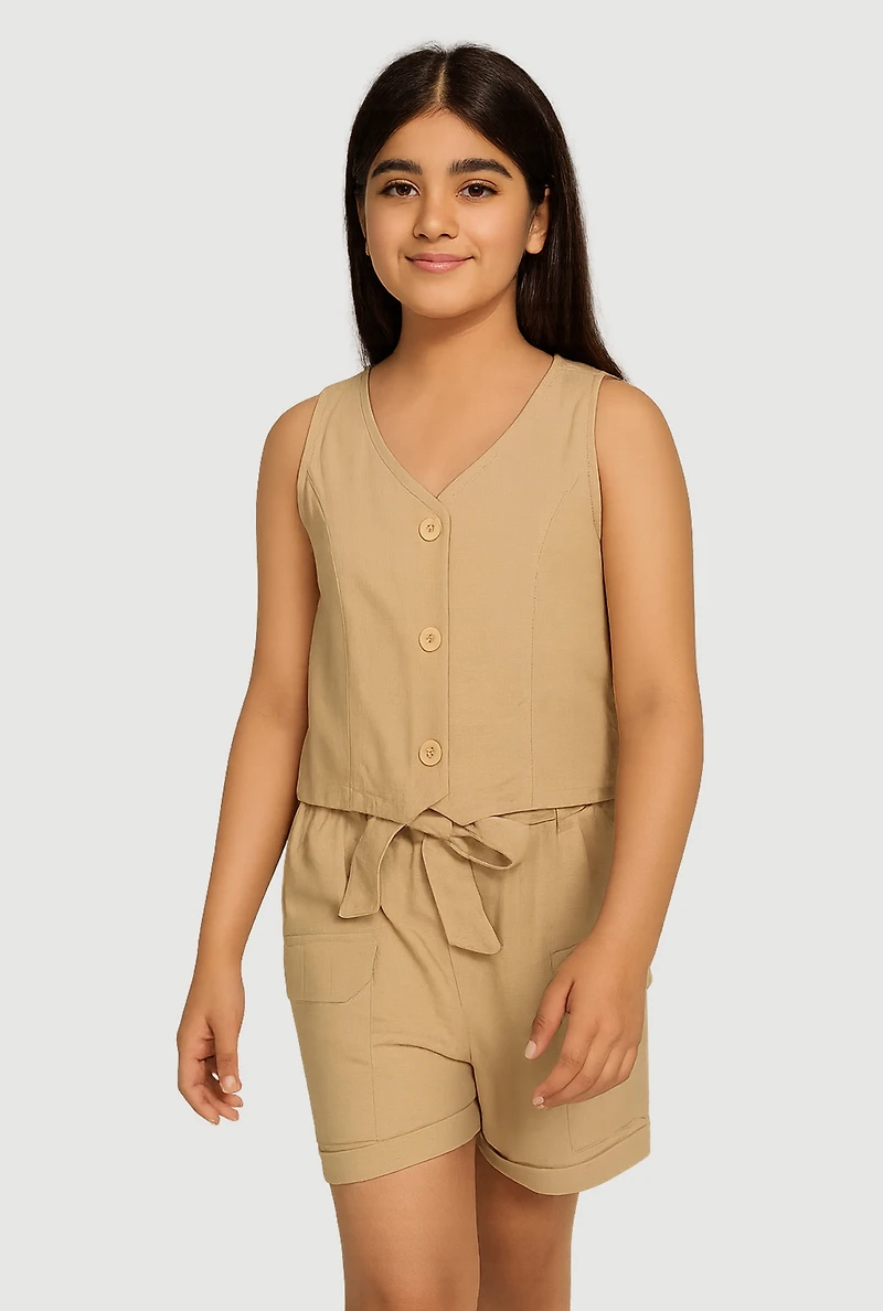 Girls Button Front Vest and Cargo Shorts