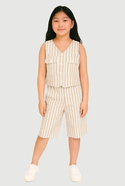 Girls Striped Linen Vest and Cargo Shorts