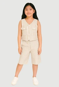 Girls Striped Linen Vest and Cargo Shorts