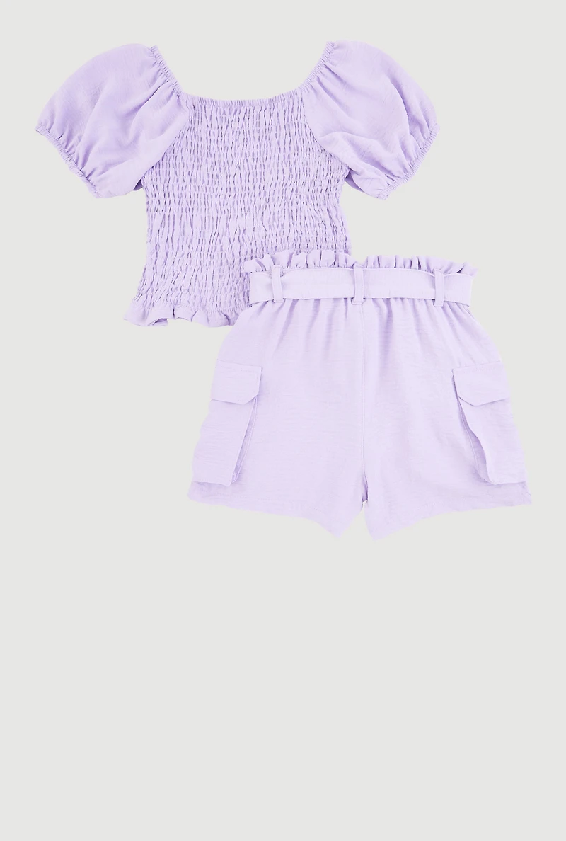 Girls Smocked Blouse and Tie Waist Cargo Shorts