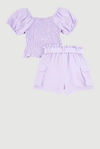Girls Smocked Blouse and Tie Waist Cargo Shorts