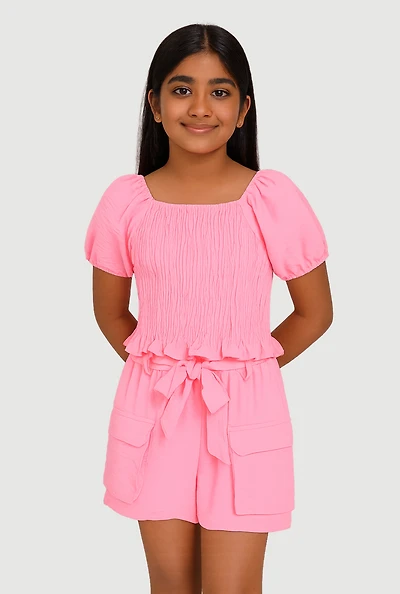 Girls Smocked Blouse and Tie Waist Cargo Shorts, Pink, Size 14-16