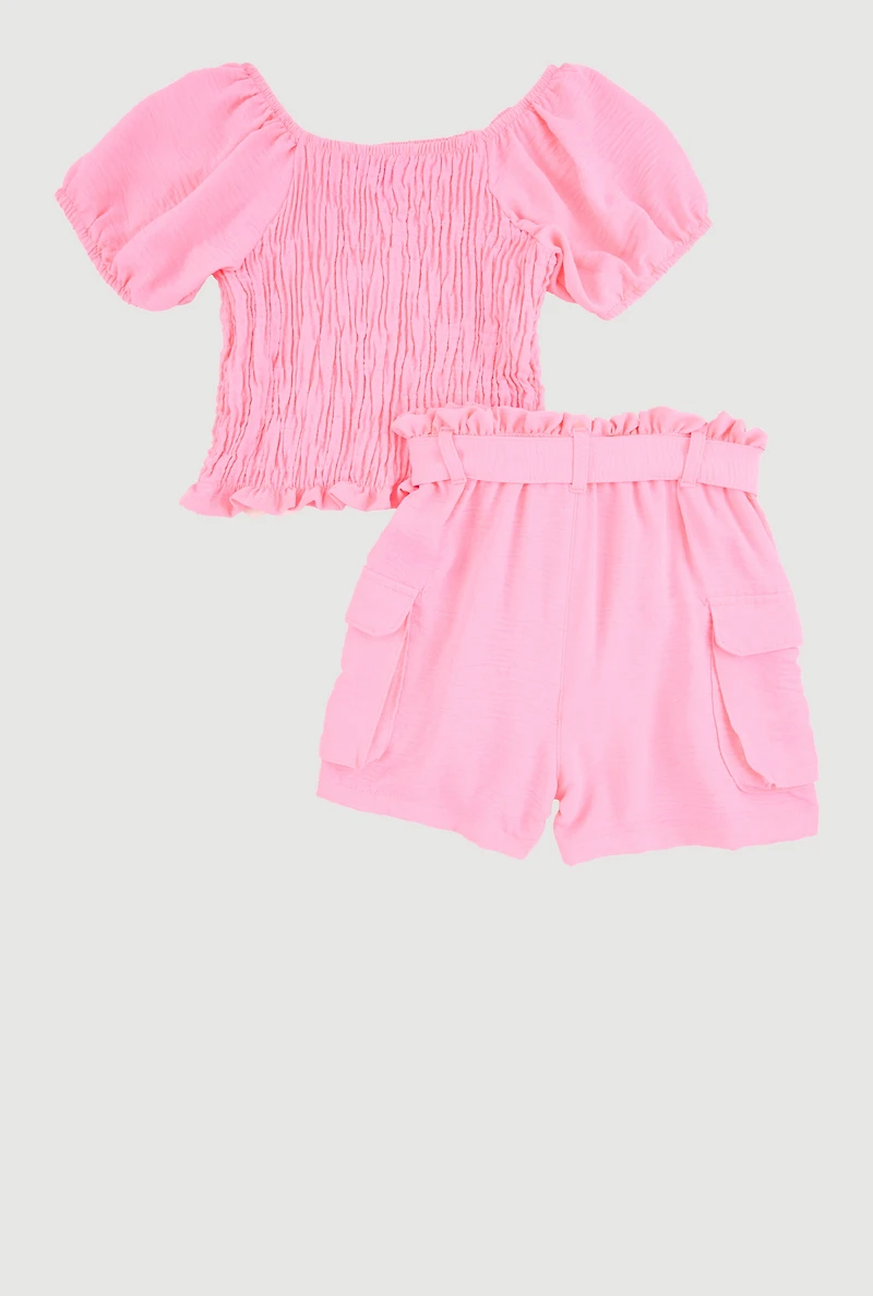 Girls Smocked Blouse and Tie Waist Cargo Shorts, Pink, Size 10-12