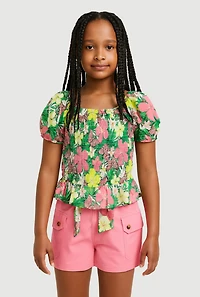 Girls Trendy Floral Print Peasant Top and Cargo Shorts