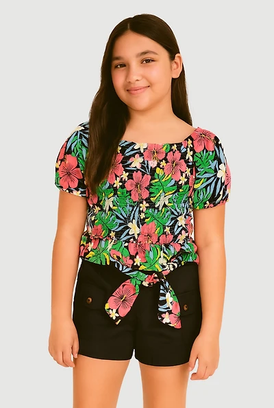 Girls Floral Print Puff Sleeves Top and Tie Waist Belt