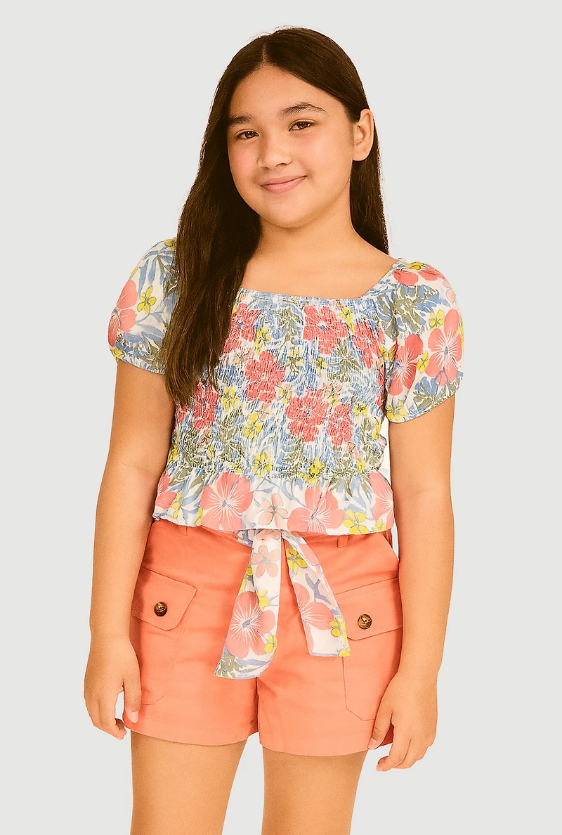 Girls Floral Print Puff Sleeves Top and Tie Waist Belt