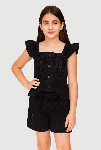 Girls Mineral Wash Peplum Top and Cargo Shorts, Black, Size 10-12