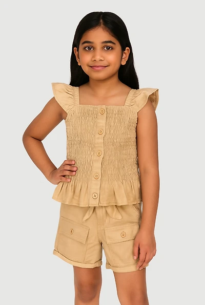Girls Mineral Wash Peplum Top and Cargo Shorts, Khaki, Size 10-12