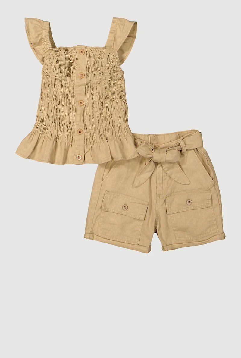 Girls Mineral Wash Peplum Top and Cargo Shorts, Khaki, Size 10-12