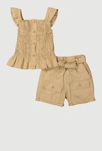 Girls Mineral Wash Peplum Top and Cargo Shorts, Khaki, Size 10-12