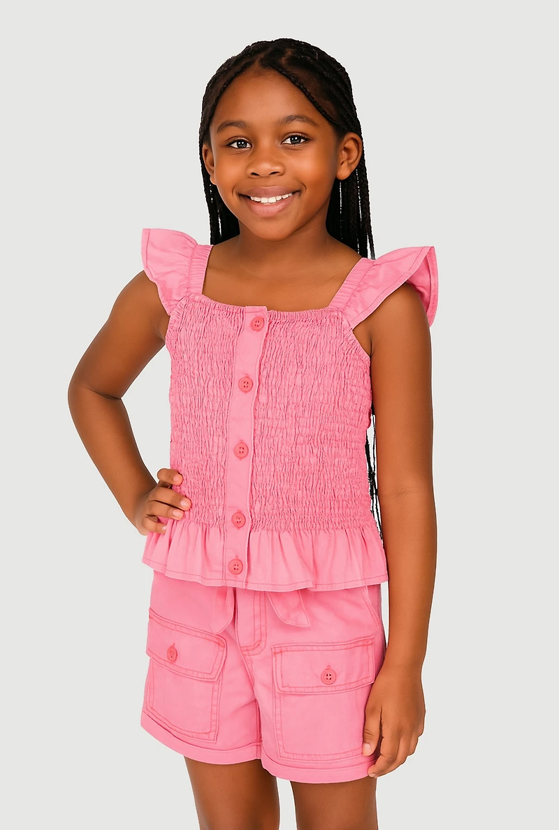 Girls Mineral Wash Peplum Top and Cargo Shorts, Pink, Size 10-12