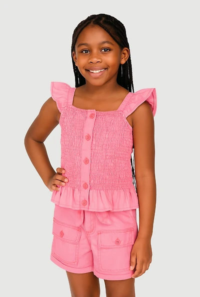 Girls Mineral Wash Peplum Top and Cargo Shorts, Pink, Size 10-12