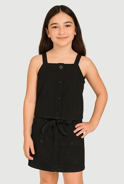 Girls Button Front Top with Cargo Skirt, Black, Size 10-12