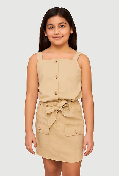 Girls Button Front Top with Cargo Skirt, Beige, Size 10-12