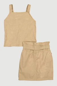 Girls Button Front Top with Cargo Skirt, Beige, Size 10-12