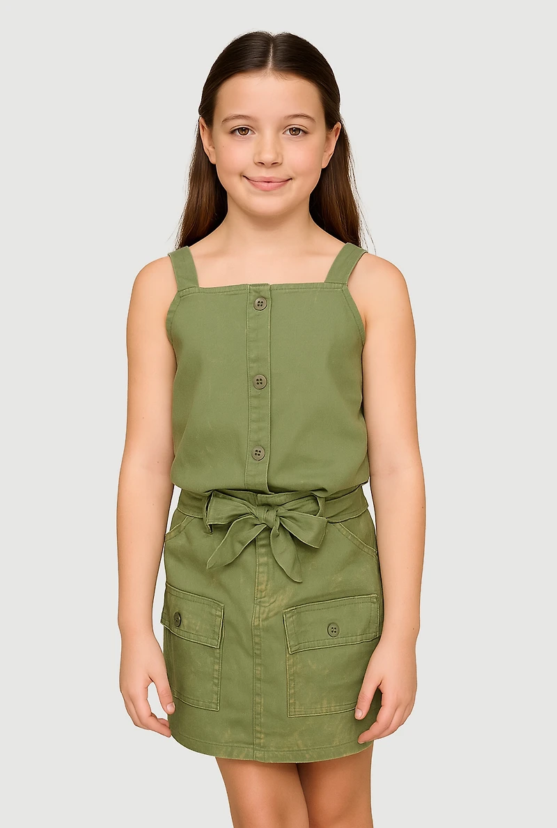 Girls Button Front Top with Cargo Skirt, Green, Size 10-12