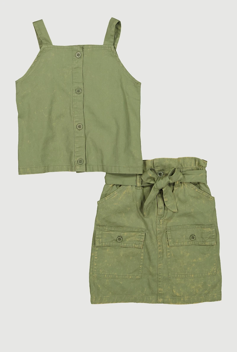 Girls Button Front Top with Cargo Skirt, Green, Size 10-12