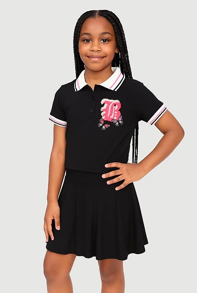 Girls B Initial Chenille Embroidered Polo Shirt and Skirt