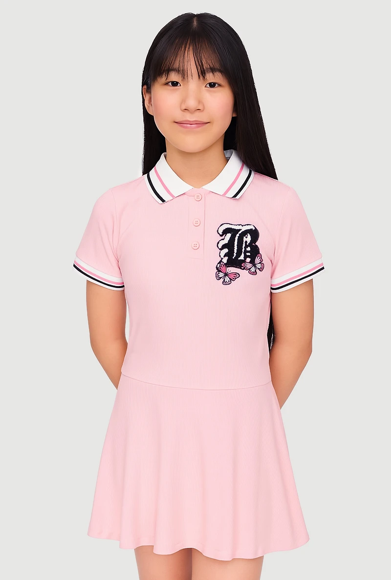 Girls B Initial Chenille Embroidered Polo Shirt and Skirt