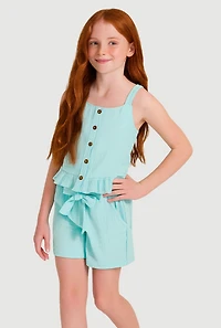Girls Sleeveless Button Front Ruffle Hem Top and Shorts, Blue, Size 10-12