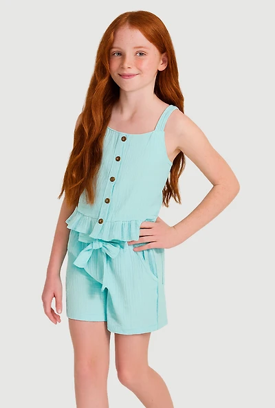 Girls Sleeveless Button Front Ruffle Hem Top and Shorts