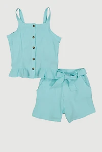 Girls Sleeveless Button Front Ruffle Hem Top and Shorts, Blue, Size 10-12