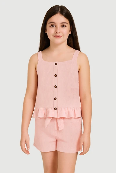 Girls Sleeveless Button Front Ruffle Hem Top and Shorts, Pink, Size 14-16