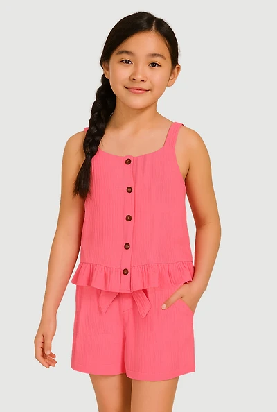 Girls Sleeveless Button Front Ruffle Hem Top and Shorts, Pink, Size 7-8
