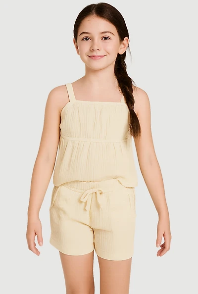 Girls Gauze Knit Smocked Top and Shorts, Beige, Size 14-16