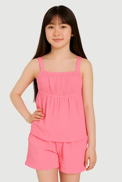 Girls Gauze Knit Smocked Top and Shorts, Pink, Size 14-16