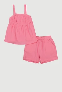 Girls Gauze Knit Smocked Top and Shorts, Pink, Size 14-16