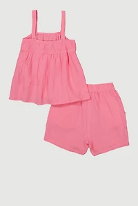 Girls Gauze Knit Smocked Top and Shorts, Pink, Size 14-16
