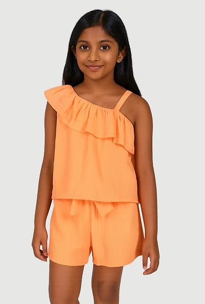 Girls Gauze Knit Asymmetrical Top and Shorts, 10-12