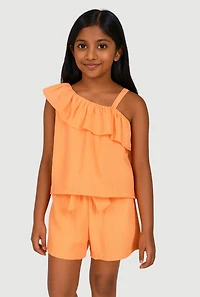 Girls Gauze Knit Asymmetrical Top and Shorts, 10-12