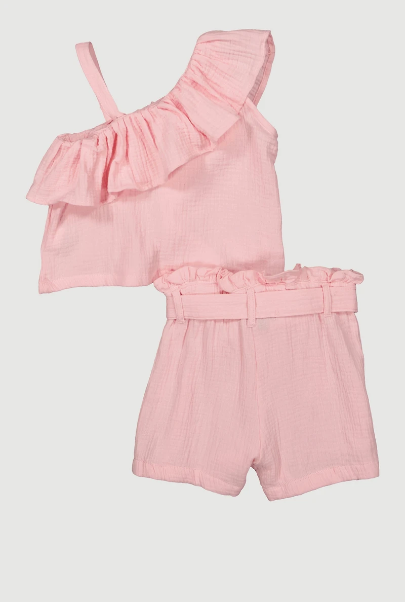 Girls Gauze Knit Asymmetrical Top and Shorts, Pink, Size 14-16