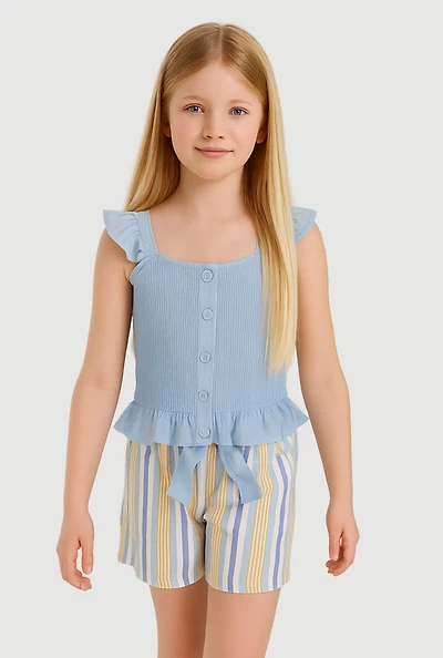 Girls Smocked Peplum Top and Striped Shorts, Blue, Size 10-12
