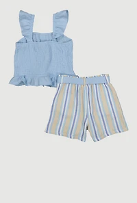 Girls Smocked Peplum Top and Striped Shorts, Blue, Size 10-12