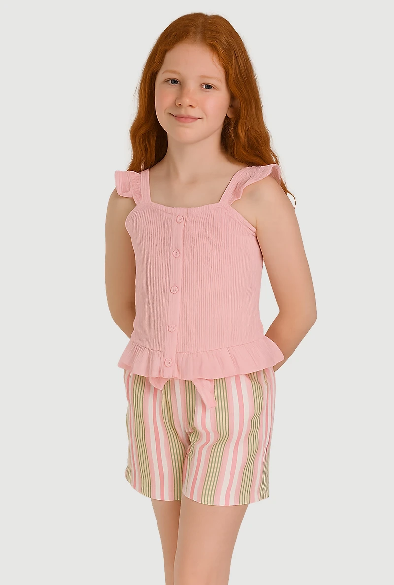 Girls Smocked Peplum Top and Striped Shorts, Pink, Size 10-12