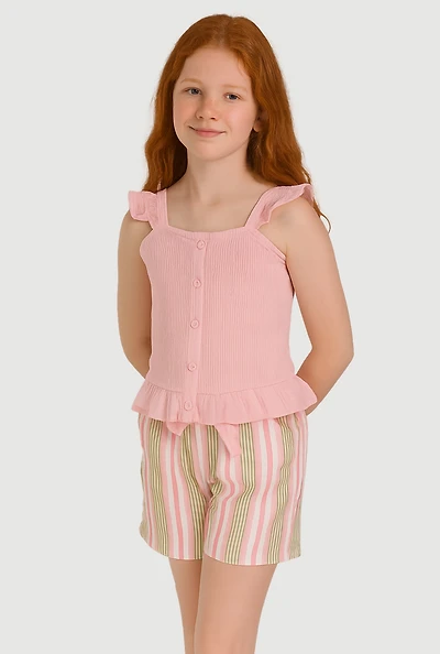 Girls Smocked Peplum Top and Striped Shorts, Pink, Size 10-12
